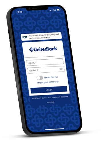 United Bank's mobile banking login screen shown on a smartphone.