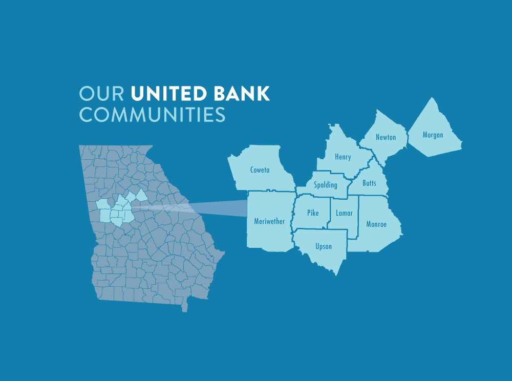 A map showing served United Bank communities.