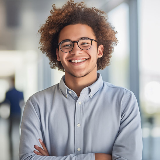 A young professional smiling with his arms crossed.
